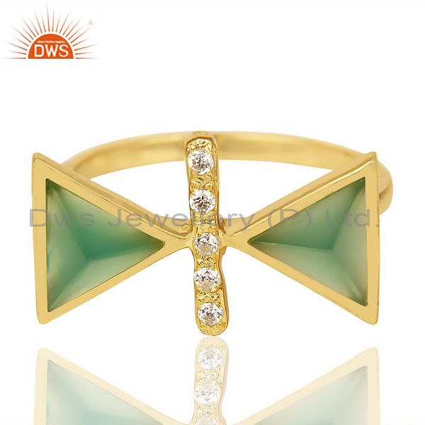 Exporter Green Onyx Triangle Cut Pyramid Cz Studded 14 K Gold Plated  Silver Ring