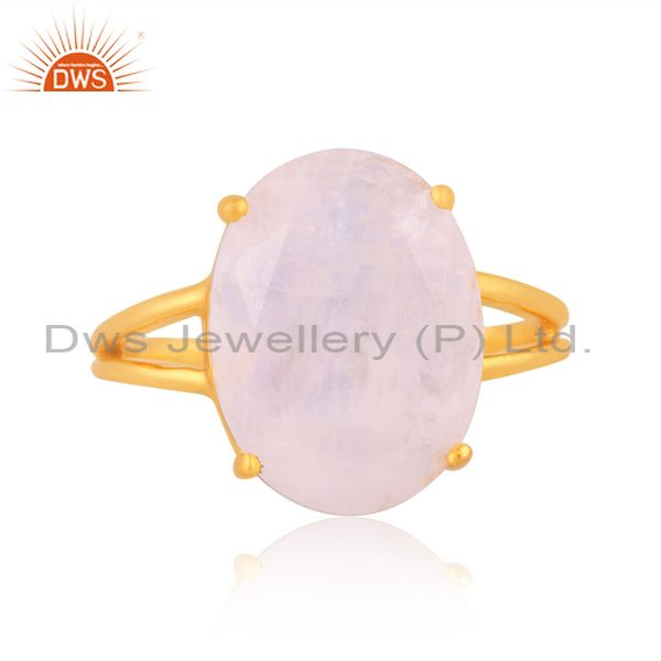 Exporter Rainbow Moon Stone Flat Stone Oval Shape 14 K Gold Plated Wholesale Silve Ring
