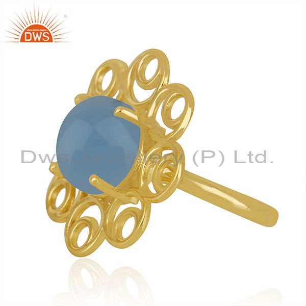Supplier of Blue Chalcedony Gemstone Gold Plated Silver Floral Design Ring Manufacturer
