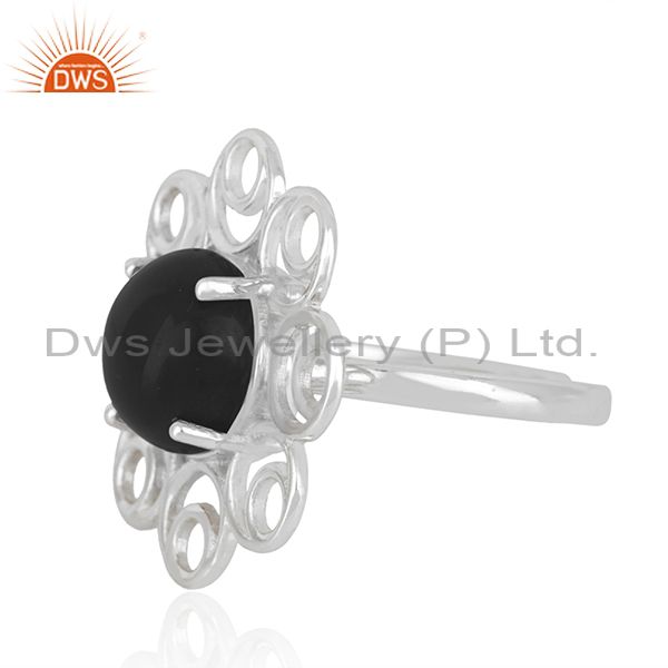 Supplier of Black Onyx Gemstone Sterling Fine Silver Floral Design Ring Manufacturer India