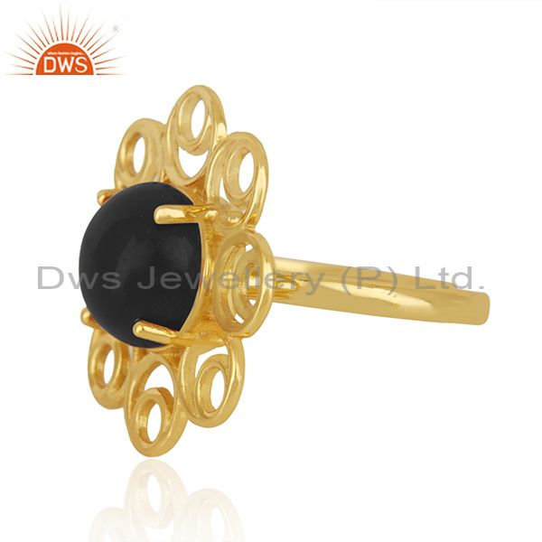 Wholesale Black Onyx Gemstone 925 Silver Gold Plated Floral Design Ring For Girls Jewelry
