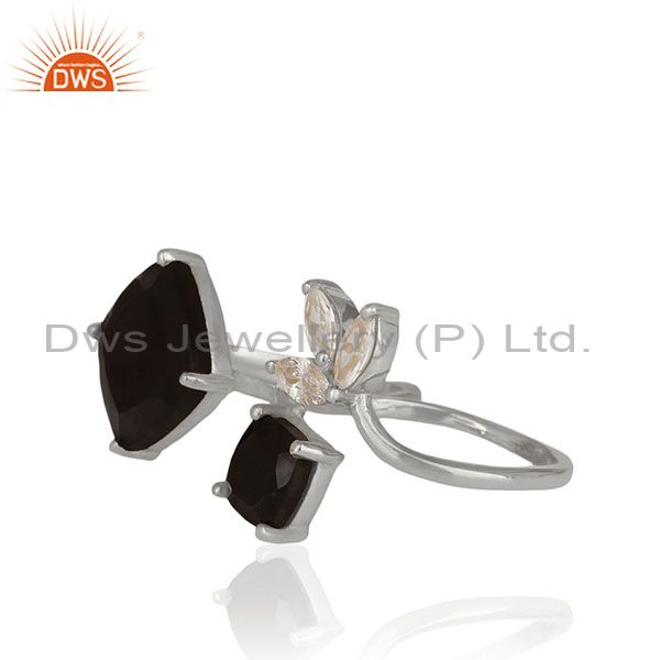 Exporter Zircon and Black Onyx Gemstone Fine Sterling Silver Double Finger Ring Wholesale