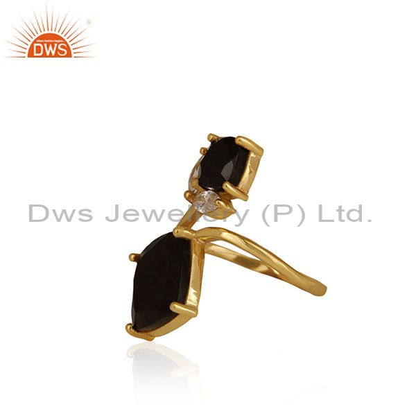 Exporter 14k Gold Plated 925 Silver Black Onyx and Zircon Gemstone Double Finger Rings