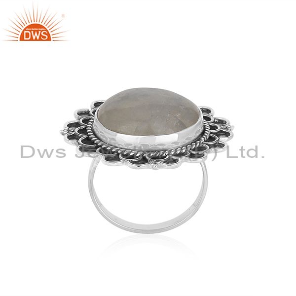 Exporter Rainbow Moonstone Round Oxidized 925 Silver Cocktail Ring Jewellery