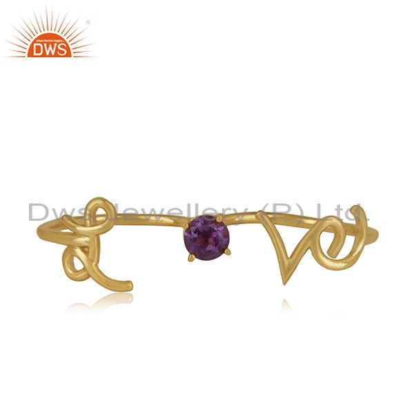 Exporter Amethyst Gemstone 925 Silver Love Initial Gold Plated Double Finger Ring