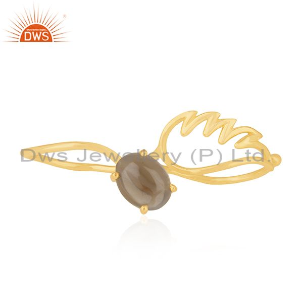 Exporter Angel Wing 925 Silver Gold Plated Smoky Quartz Double Finger Ring Wholesale