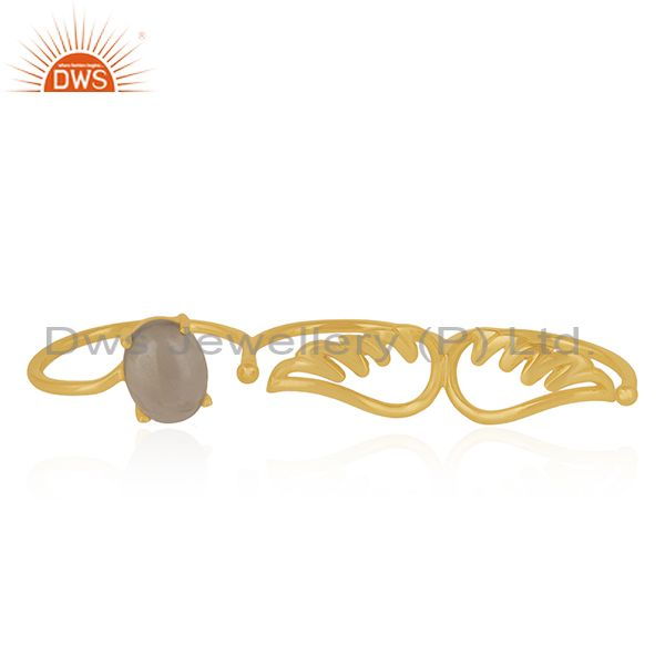 Exporter Gold Plated Angel Wing 925 Silver Smoky Quartz Gemstone Three Finger Ring