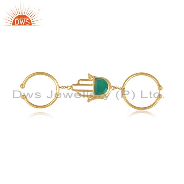 Green Onyx Set Gold On 925 Silver Hamsa Dual Finger Ring