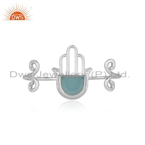 Blue Chalcedony Hamsa Two Finger Sterling Silver Ring