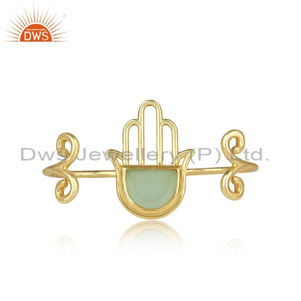 Prehnite Chalcedony Hamsa Two Finger Gold Plated Silver Ring