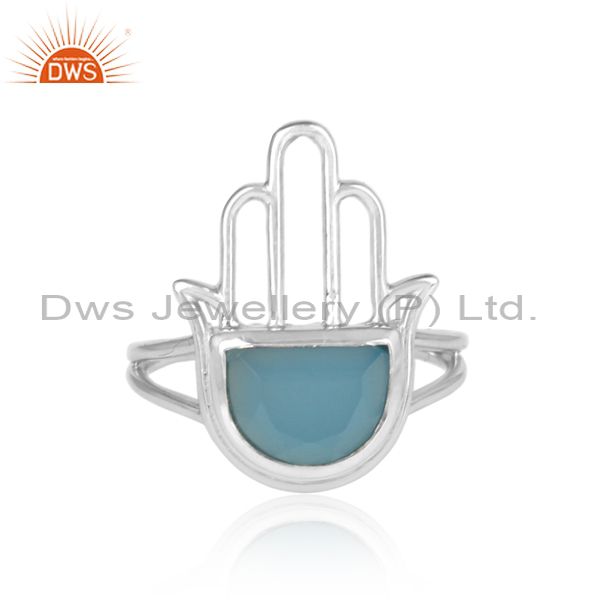 Blue Chalcedony Coin Fine Sterling Silver Hamsa Ring