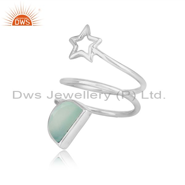 Sterling fine silver star design aqua chalcedony gemstone rings