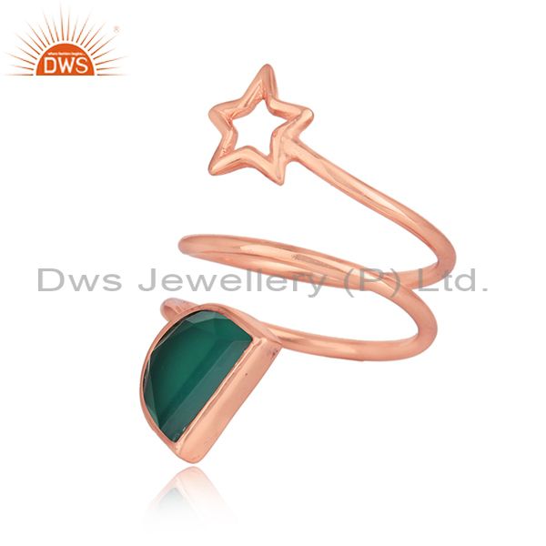 Green onyx gemstone star designer rose gold plated silver rings