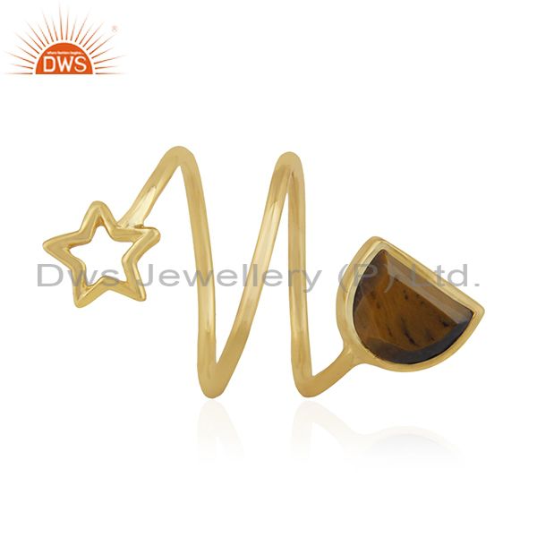 Exporter Star Charm Gold Plated 925 Silver Tiger Eye Gemstone Ring Wholesale