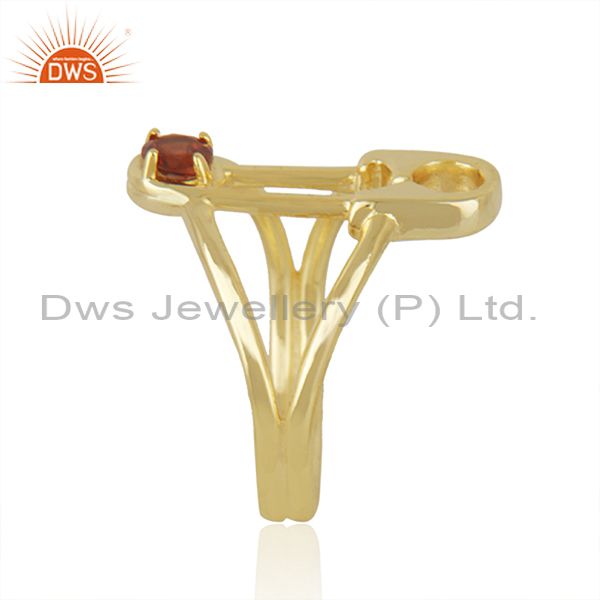 Exporter Safty Pin Shape Gold Plated Silver Garnet Gemstone Ring Jewelry