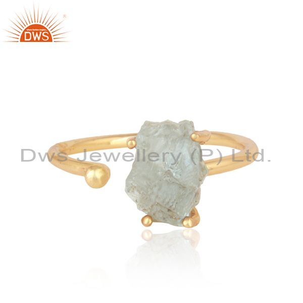 Aquamarine Gemstone Prong Set Yellow Gold On Silver 925 Ring