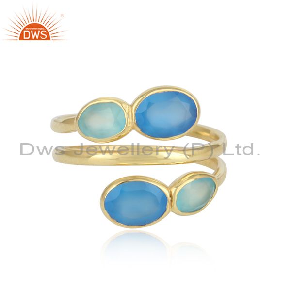 Handmade yellow gold on silver 925 ring with aqua, blue chalcedony