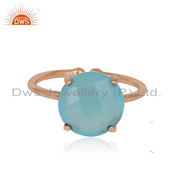 Handcrafted solitaire aqua chalcedony ring in rose gold on silver