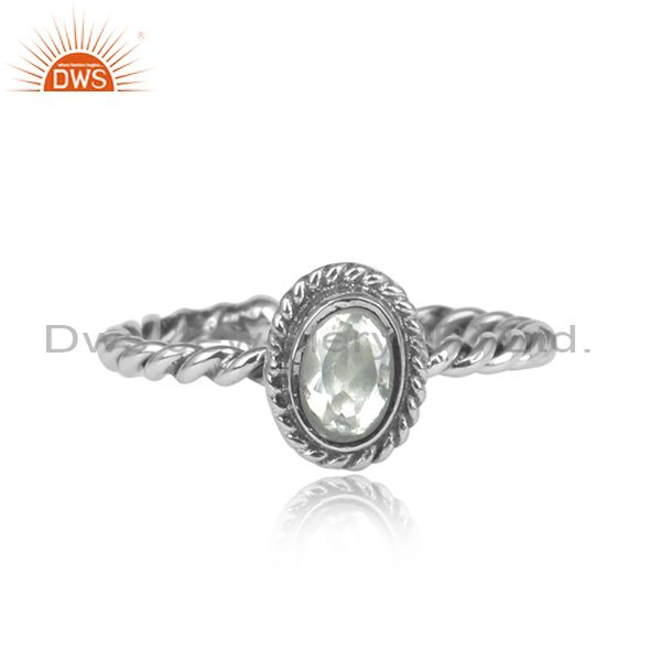 Wrapped Oval Green Amethyst Set Oxidized Silver Twisted Ring