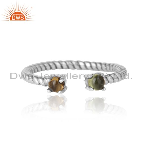Dainty twisted ring in oxidized silver 925 peridot and citrine