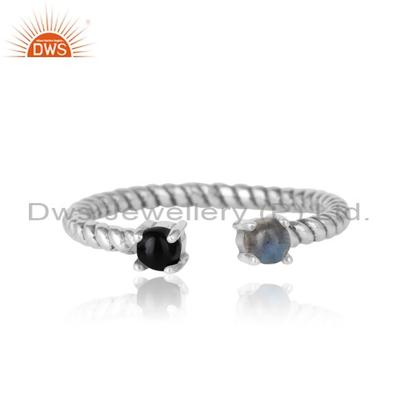 Dainty twisted ring in oxidized silver labradorite and black onyx