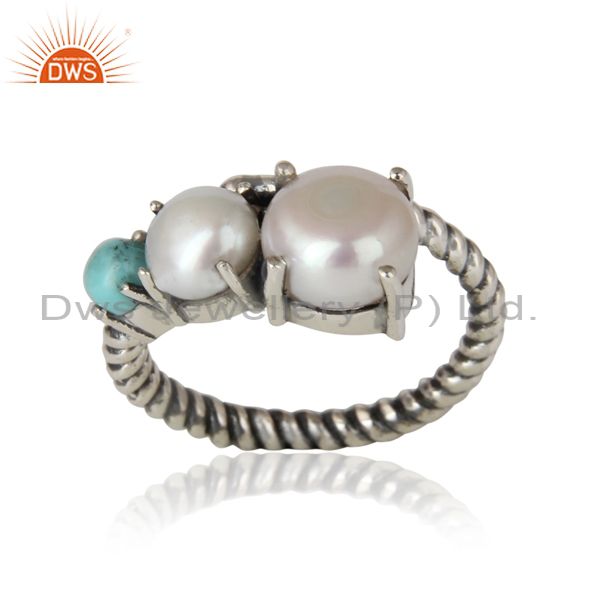 Handmade designer ring in oxidized silver pearl arizona turquoise