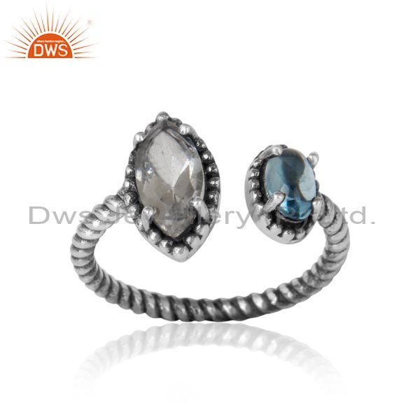 Twisted designer oxidized ring in silver blue topaz and crystal