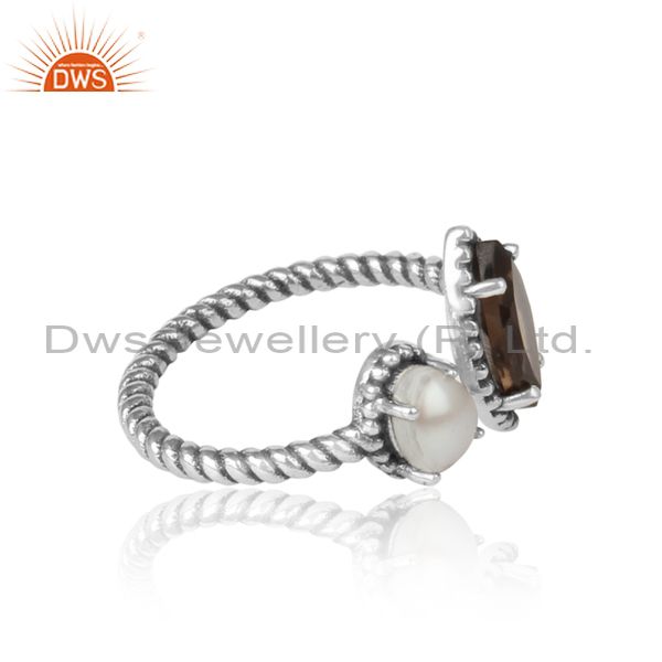 Oxidized silver 925 twisted designer ring with smoky and pearl