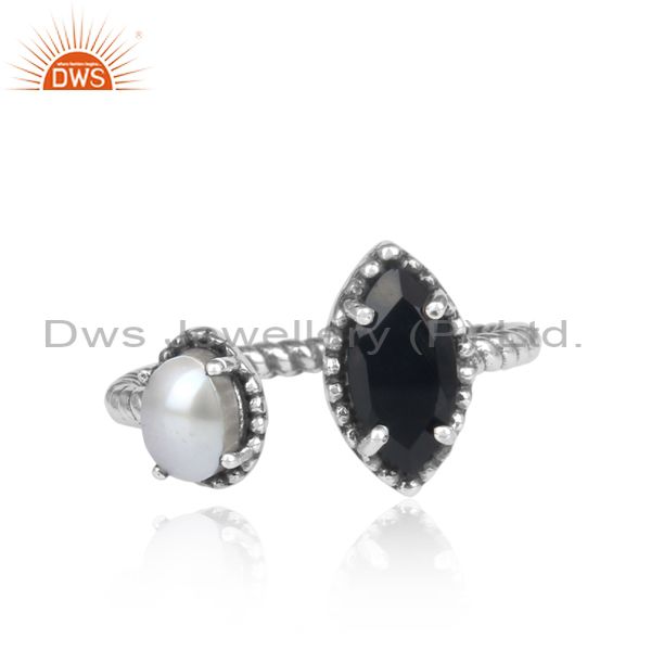 Black Onyx, Pearl Set Handmade Oxidized Facing Silver Ring