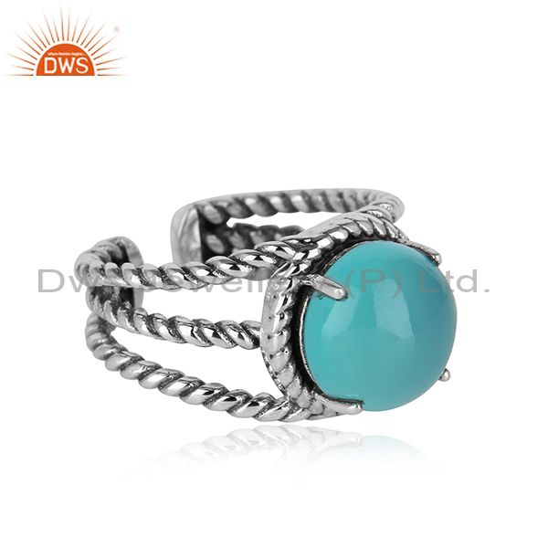 Twisted split shank ring in oxidised silver with aqua chalcedony