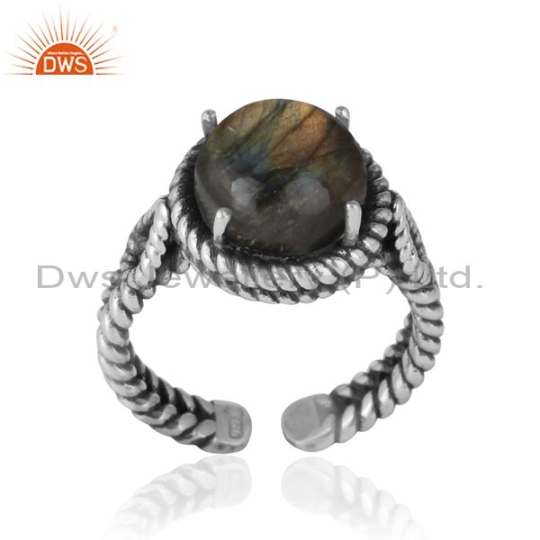 Twisted designer bold labradorite ring in oxidized silver 925