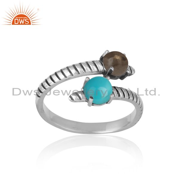 Handmade bypass ring in oxidized silver arizona turquoise smoky