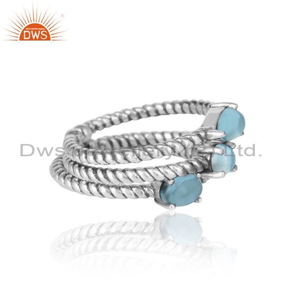 Twisted Ring Set Of 3 In Oxidized Silver And Blue Topaz