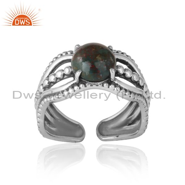 Bold handmade silver ring in oxidized finish with blood stone