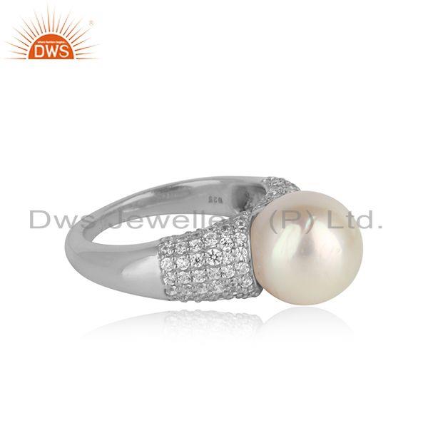 White rhodium plated silver zircon pearl gemstone girls rings