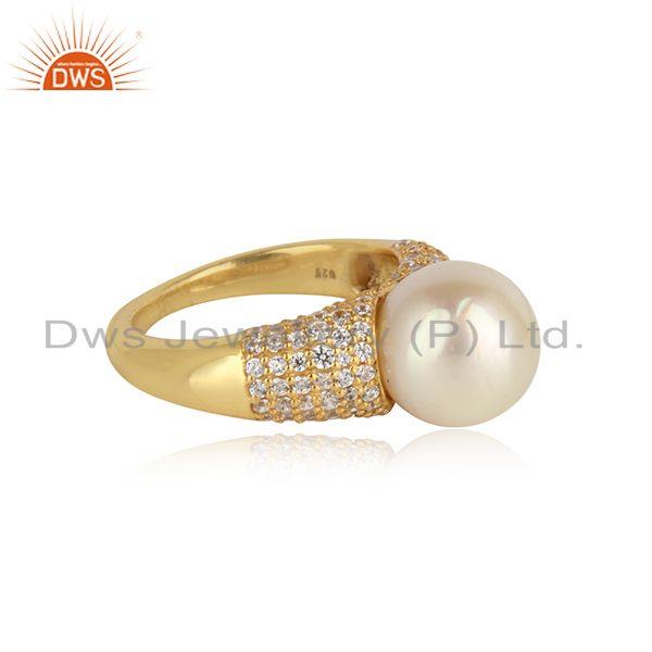 Cz natural pearl gemstone designer 18k gold plated silver rings