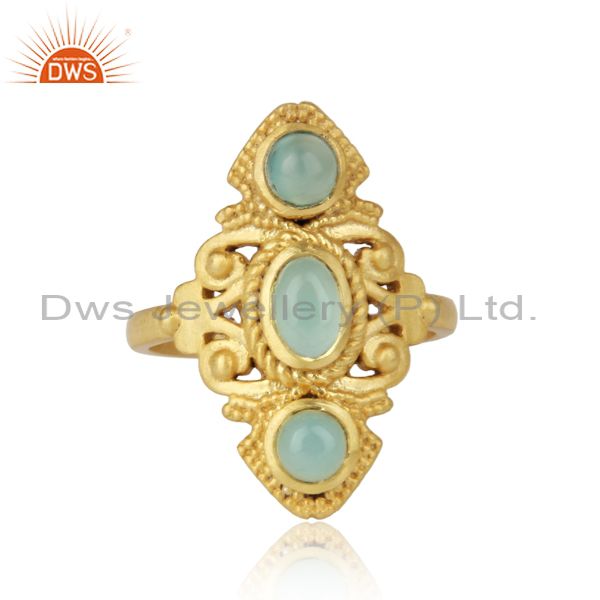 Bohemian Ring in Yellow Gold on Silver 925 with Aqua Chalcedony Wholesale
