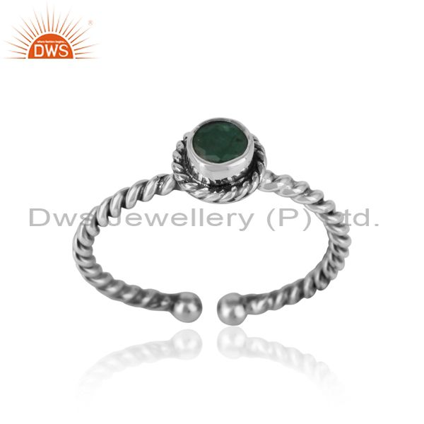 Emerald twisted handmade designer ring in oxidized silver 925