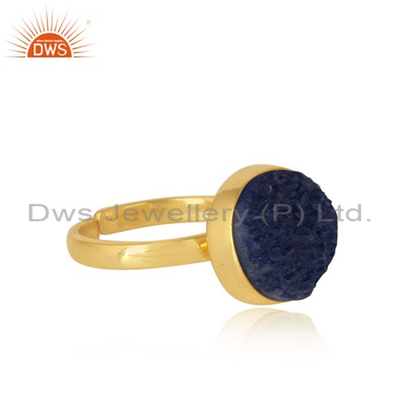 Designer elegant blue druzy ring in yellow gold on silver 925