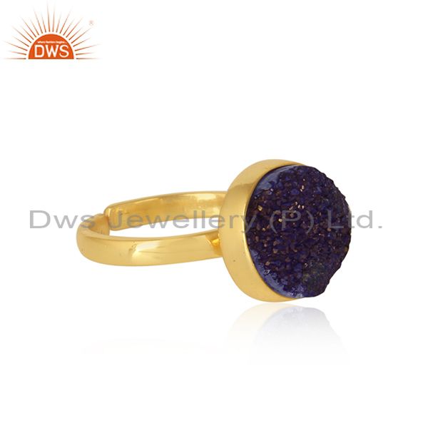 Designer elegant purple druzy ring in yellow gold on silver 925