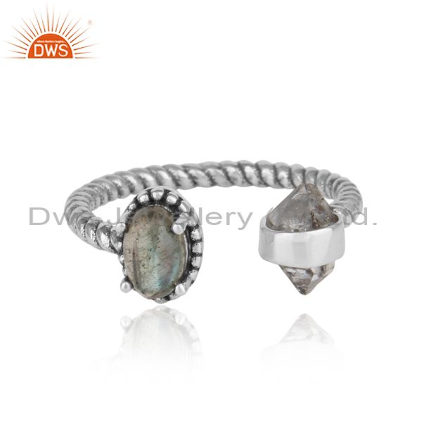 Designer herkimer diamond ring in oxidized silver with labradorite