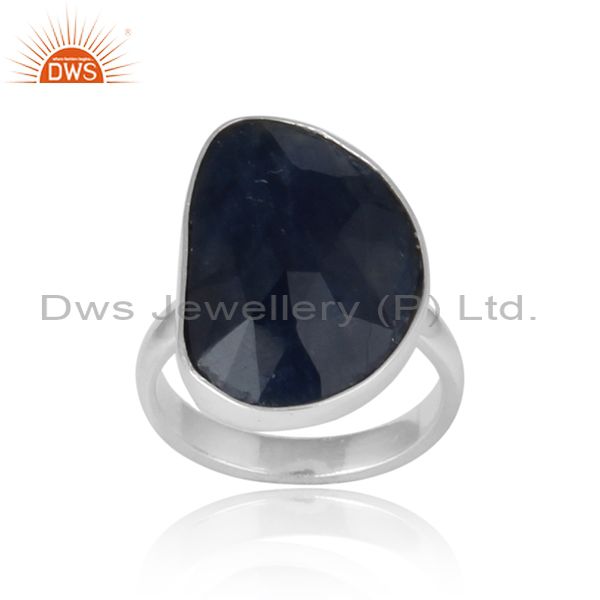 Handmade organic shape blue sapphire ring in solid silver 925
