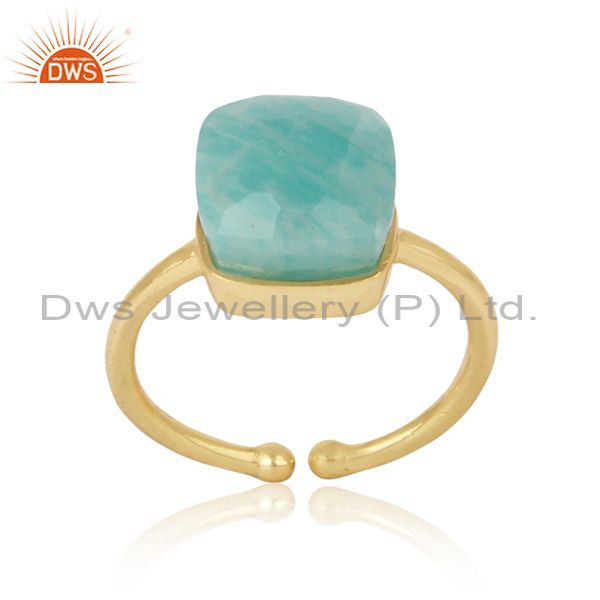 Handmade solitaire ring in yellow gold on silver 925 and amazonite