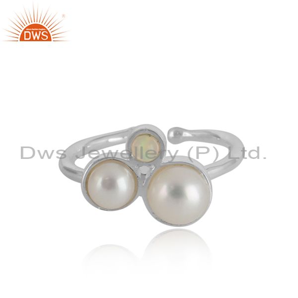 Ethiopian opal pearl triology designer ring in sterling sliver 925