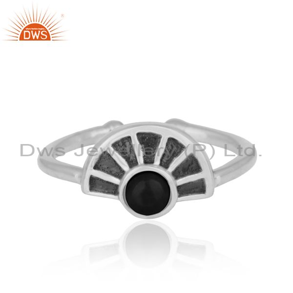 Half moon texture designer black onyx ring in oxidized silver 925