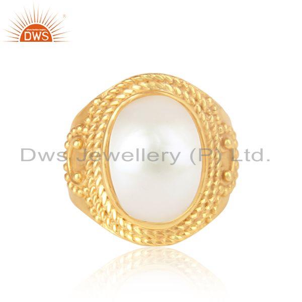 Bold design yellow gold on silver 925 artisan ring with pearl