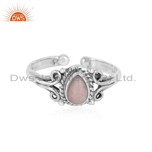 Designer handmade dainty pink opal ring in oxidized silver 925