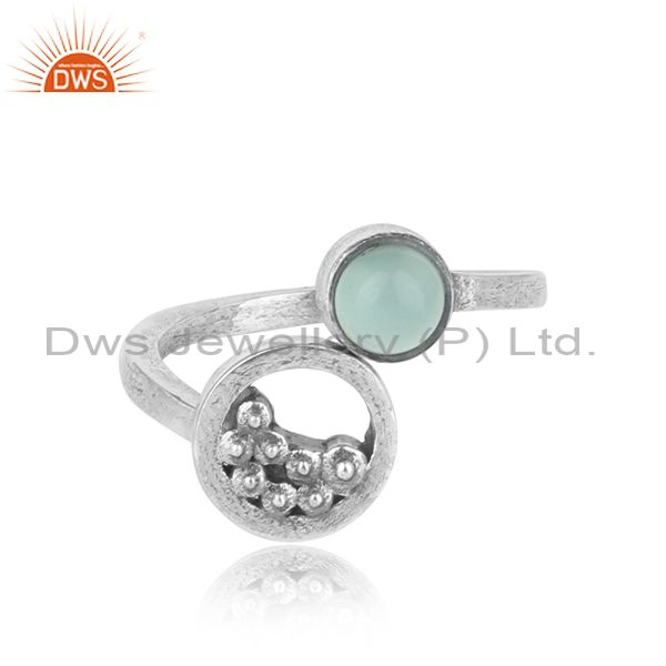 Handcrafted silver granule bypass aqua chalcedony oxidized ring