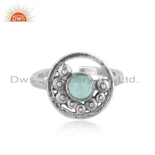Handcrafted designer aqua chalcedony ring in oxidized silver 925