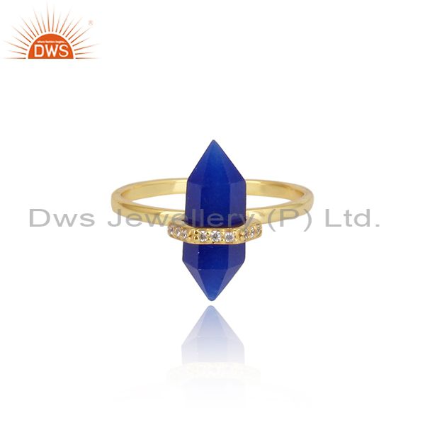 Designer blue avanturine pencil gemstone cz gold on silver ring
